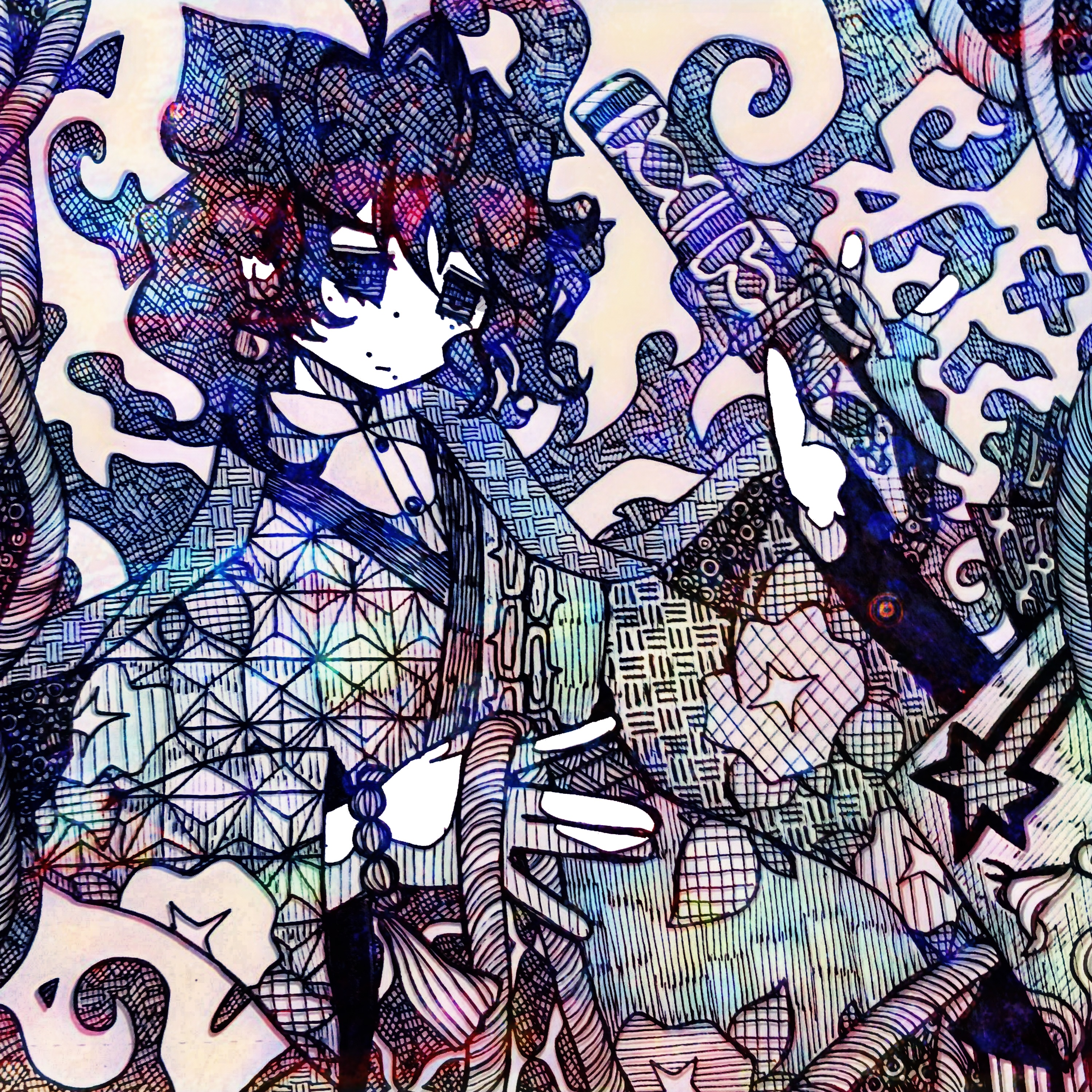 art of my OC Yukie in a heavily detailed, monochromatic pen ink style, in clothing that is half a yukata with morning glories and half tradition Ainu patterns